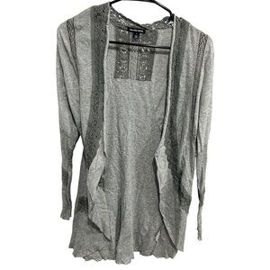 Cha Cha Vente Gray Open Front Lightweight Cardigan Sweater Lace Accents Sz M